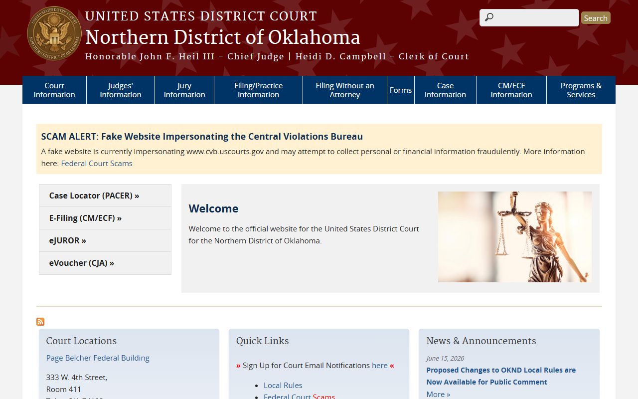 Northern District of Oklahoma court page separate from Okmulgee County Court Clerk records