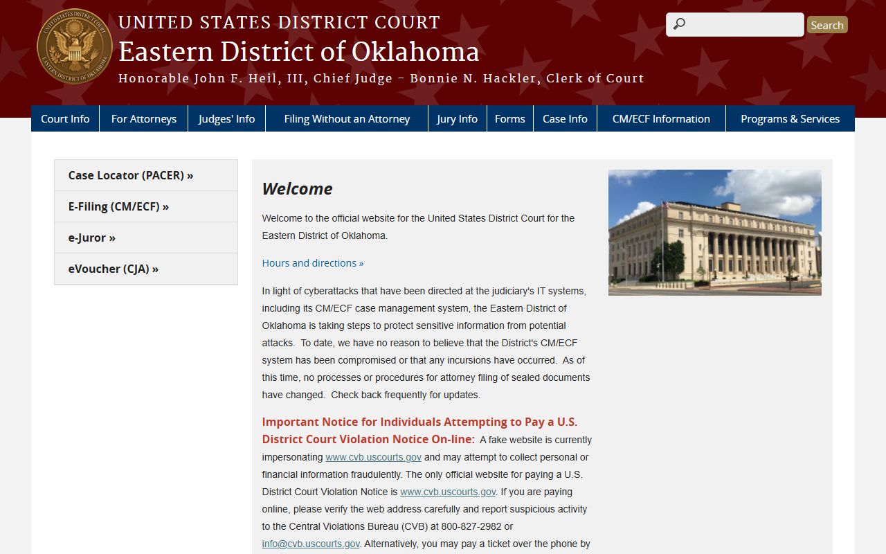 Eastern District of Oklahoma court page outside the Okmulgee County Court Clerk system