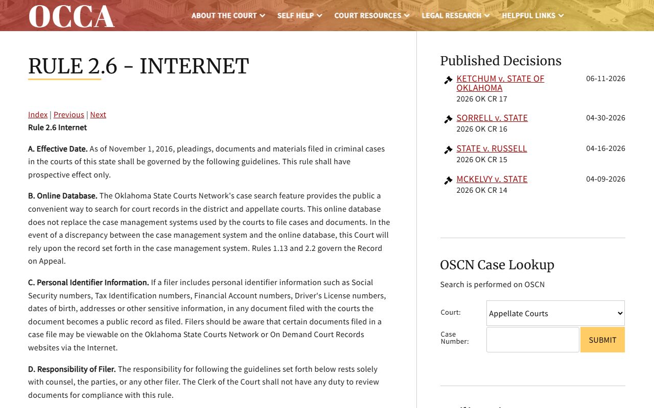 OCCA Rule 2.6 page on internet access to Okmulgee County court records