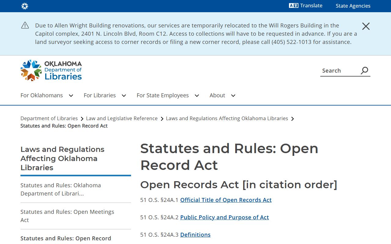 Oklahoma Open Records Act page that governs Okmulgee County court records access