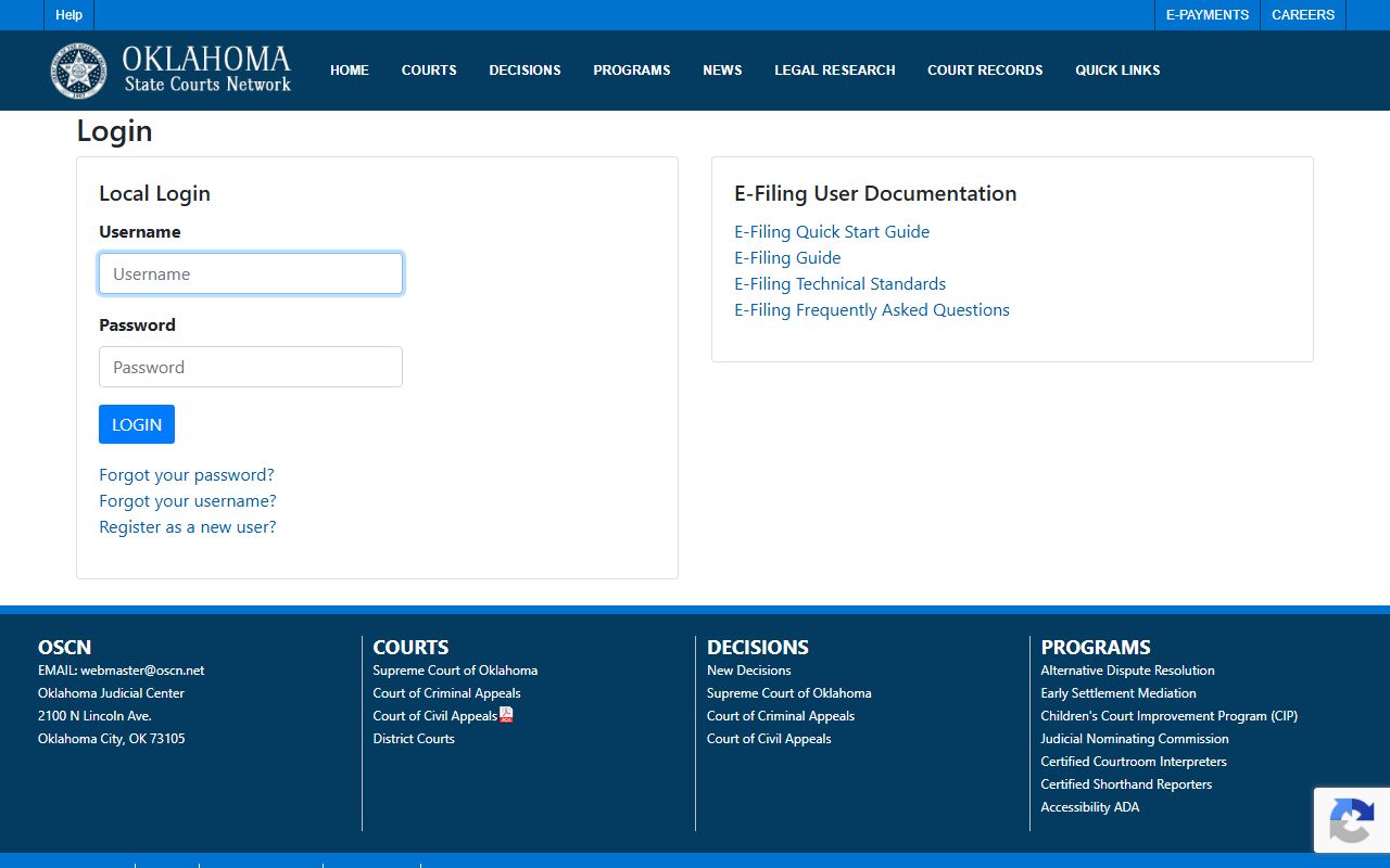 Oklahoma e-filing portal used for Okmulgee County District Court filings