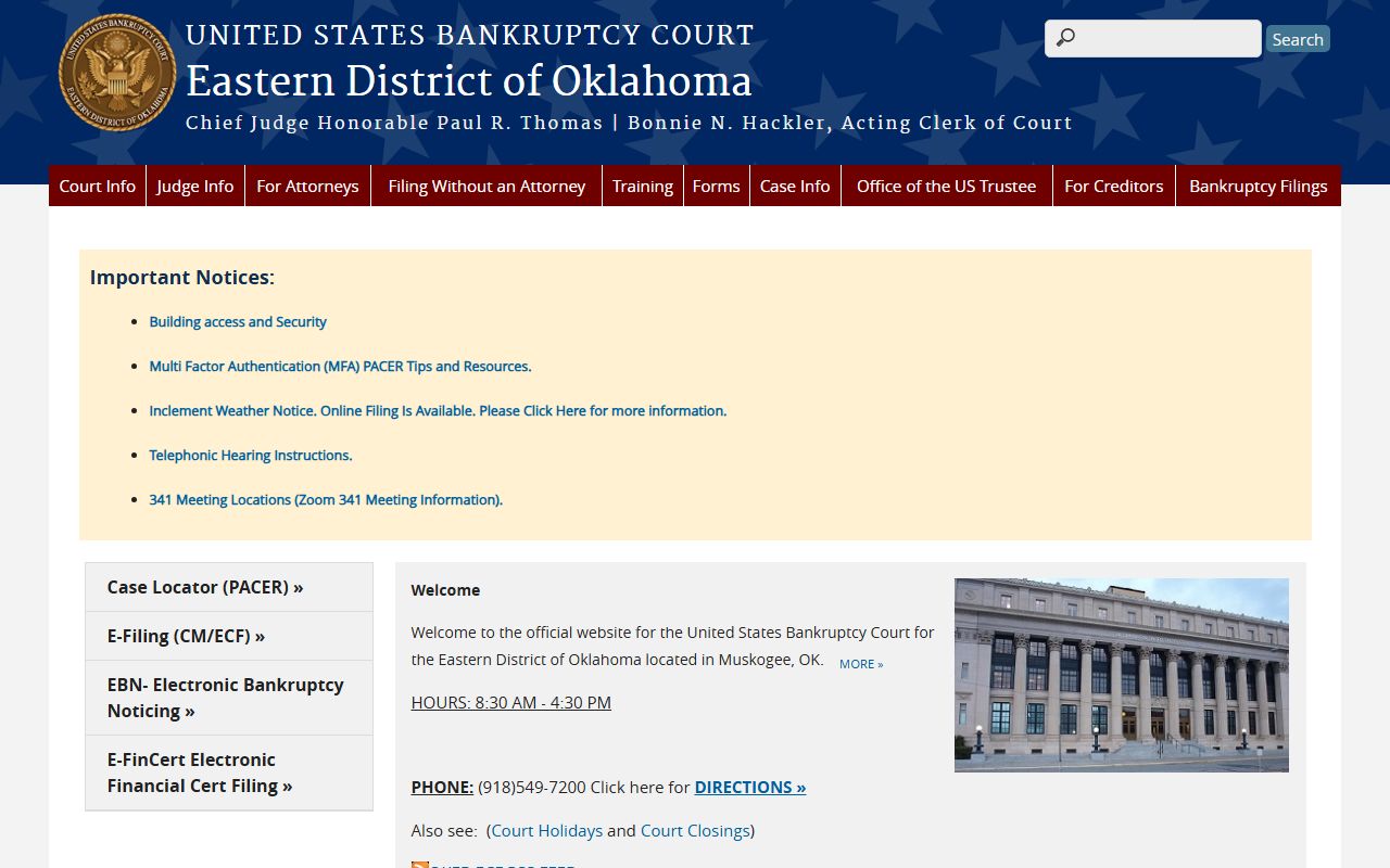 U.S. Bankruptcy Court page for cases outside the Okmulgee County District Court