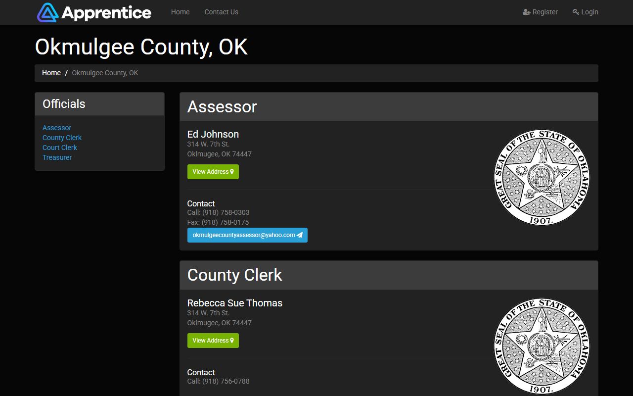 Okmulgee County elected officials including the Court Clerk and County Clerk