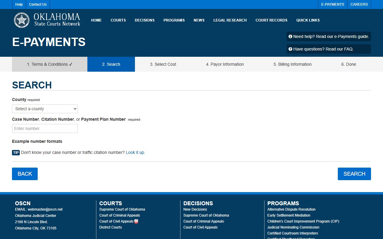 Oklahoma court e-payments page for Okmulgee County traffic and court records