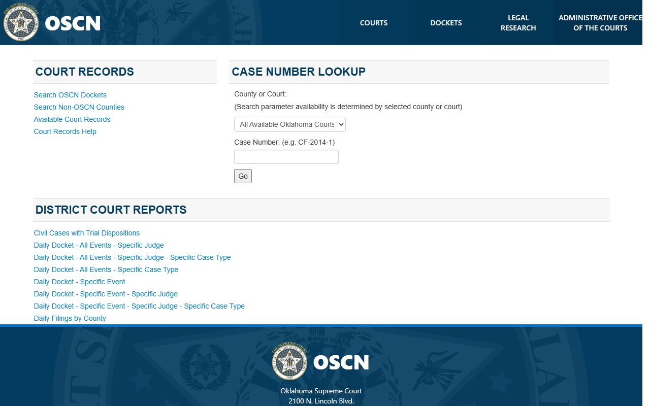OSCN docket landing page for Okmulgee County court records