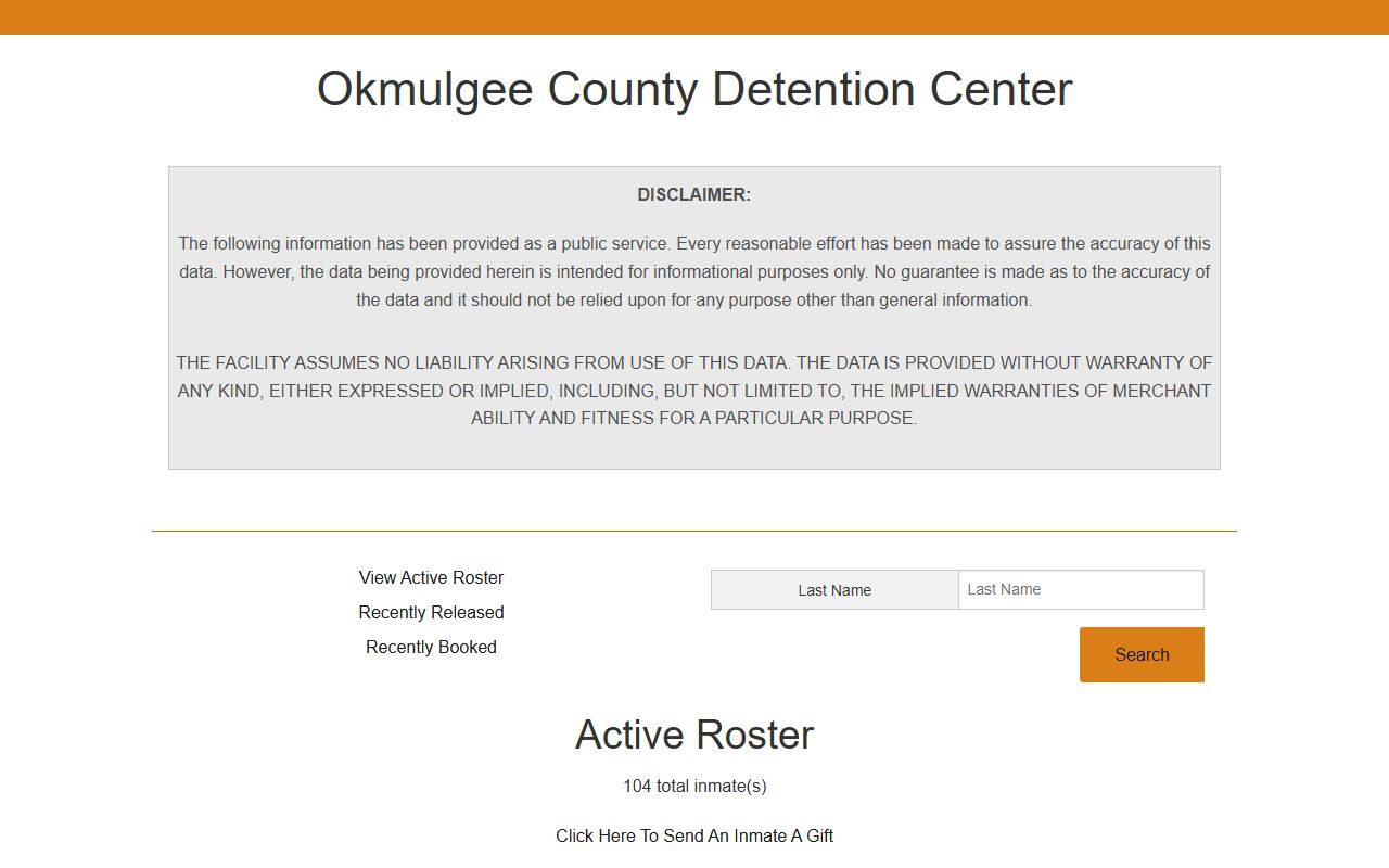 Okmulgee County jail roster page used to look up inmate records