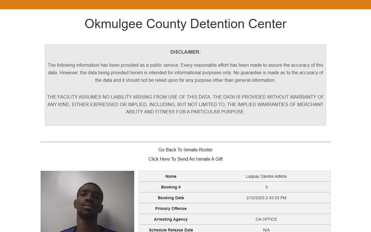 Sample inmate profile layout from the Okmulgee County inmate records roster