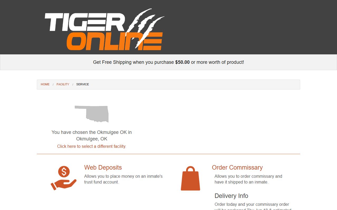 Tiger Commissary deposit portal for Okmulgee County inmate accounts