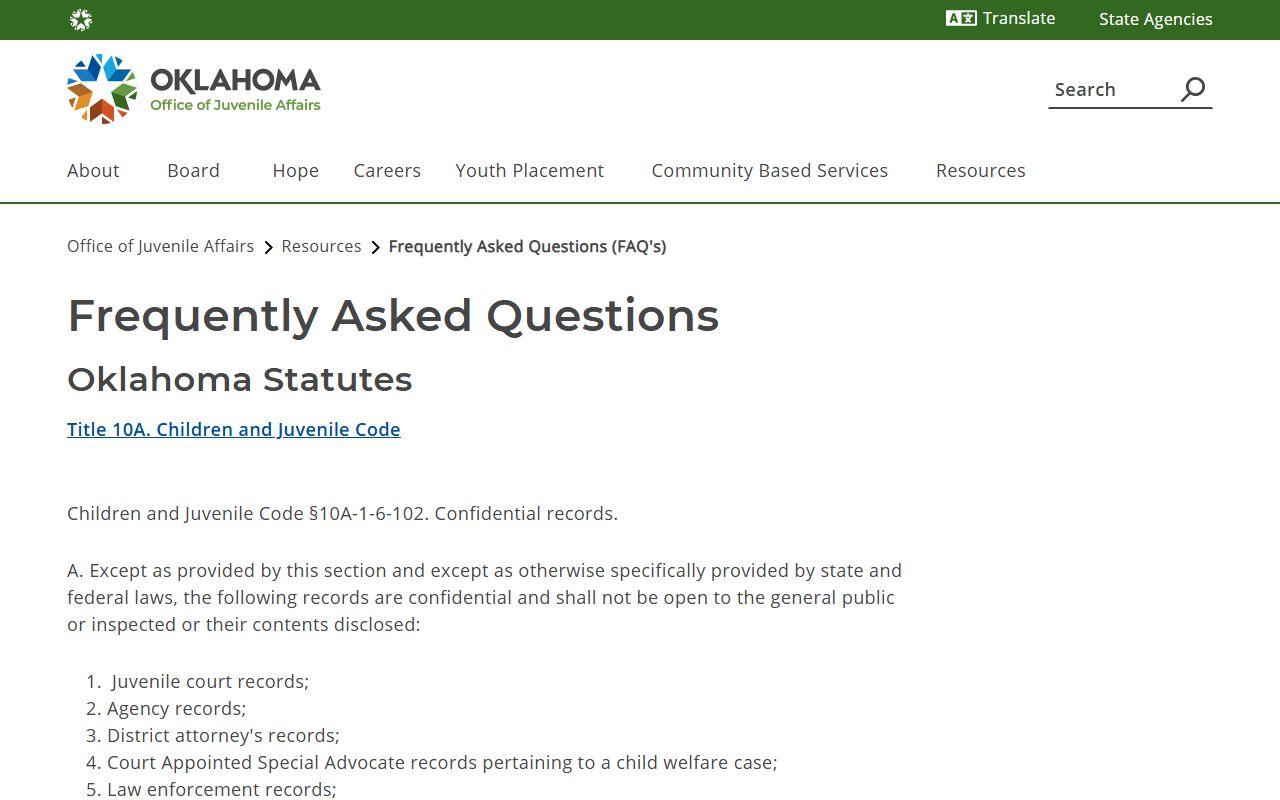 Oklahoma Office of Juvenile Affairs FAQ page on confidential Okmulgee County juvenile warrant records